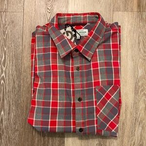 Grey and red button down Buffalo plaid t-shirt